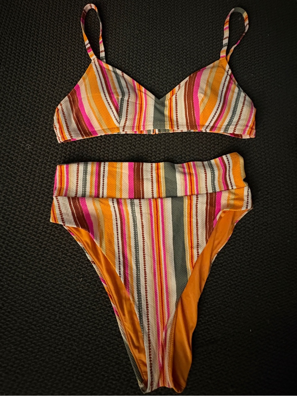 aerie Striped Two-Piece Swim Set in Orange, Pink, Yellow and green